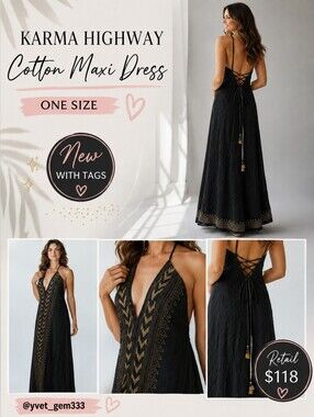 Karma Highway Black Cotton Boho Maxi Dress – One Size NWT
